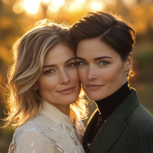 Close-up of two women in a romantic golden-hour setting, one in a green blazer and the other in a white blouse.